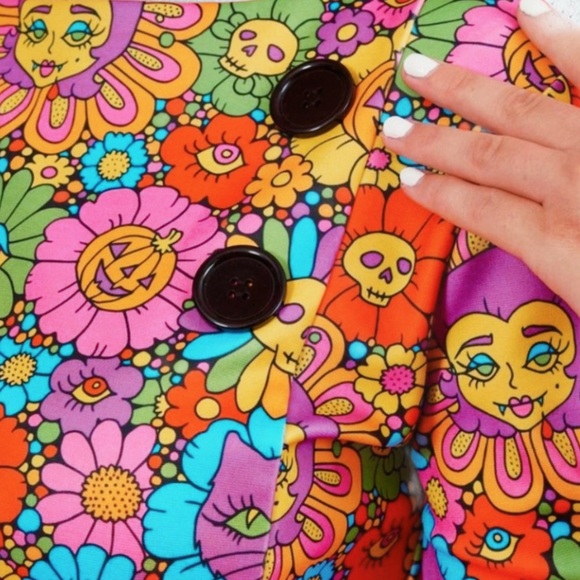 Sourpuss 60’s ‘Daisy Disaster’ Halloween Skull Pumpkin Floral Set NWT 🌈 - Picture 2 of 3